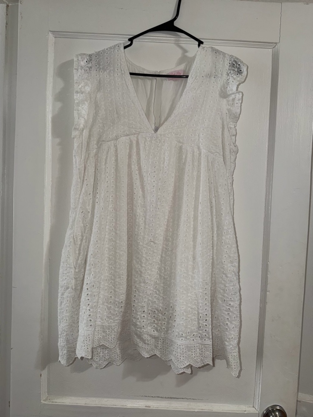 Pink Lily White Eyelet V-Neck Flutter Sleeve Tunic Dress/Romper